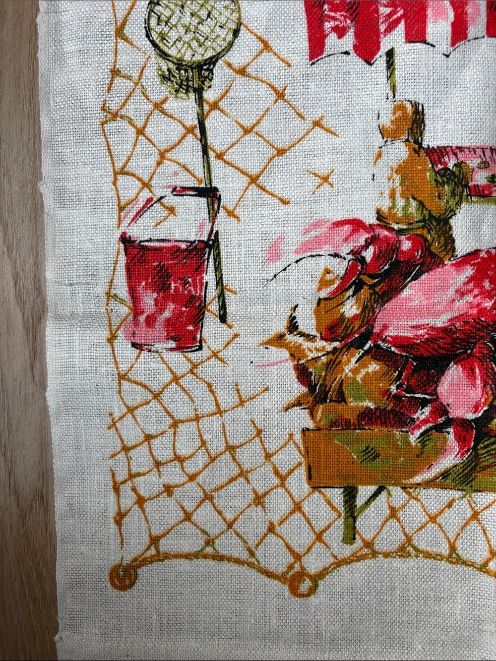 Vintage Fish Market Printed Kitchen Tea Towel - White with Red and Gold Accents